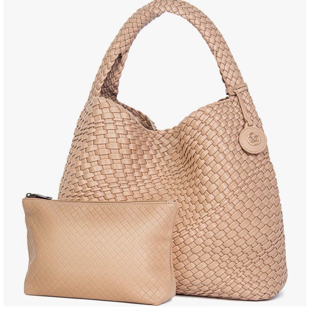 Petite Simone Woven Hobo Bag Beige Vegan Leather Tote with Pouch Hand-Woven